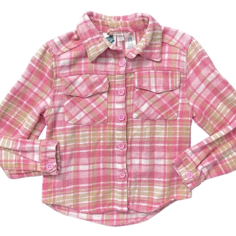 Extremely Me Girls Size 7/8 Pink White Plaid Flannel Shirt Jacket Shacket